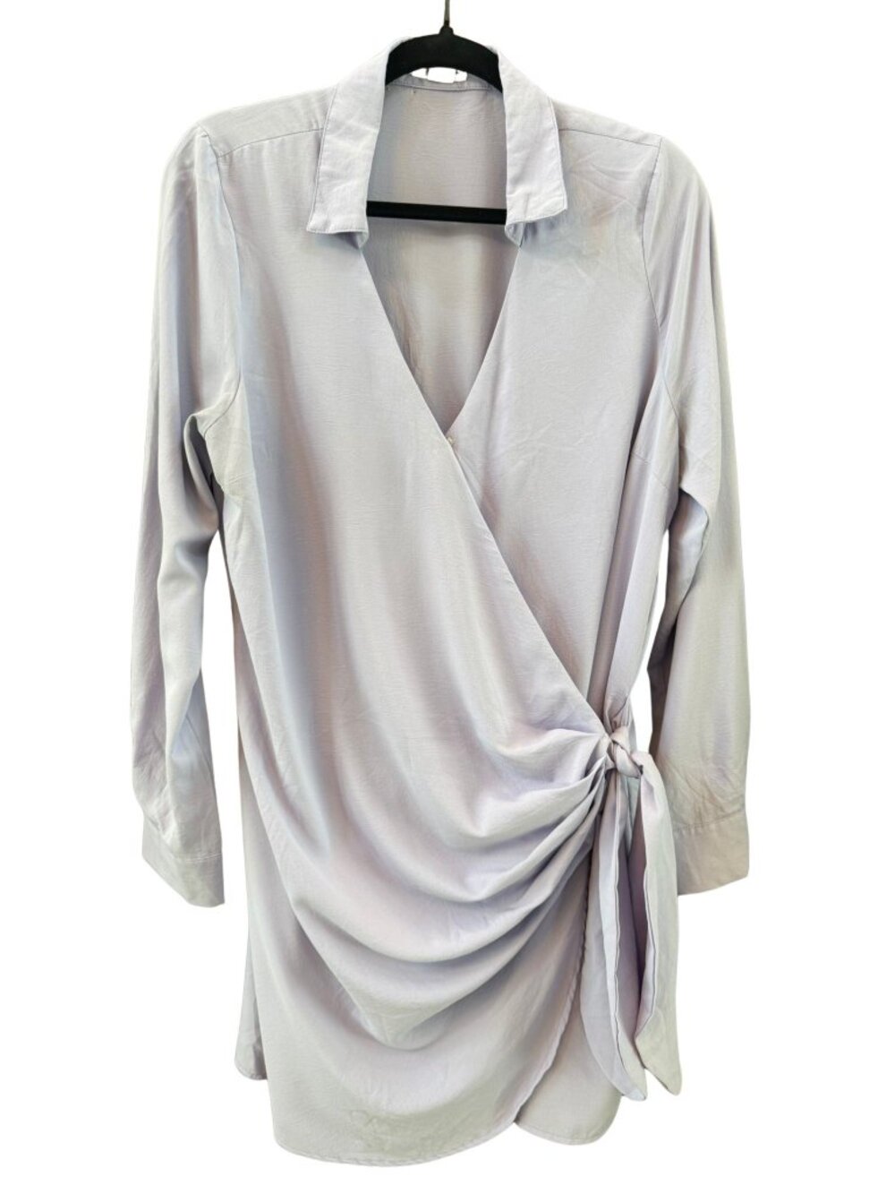 Urban Outfitters UO Satin Wrap Mini Dress XL Lilac Long Sleeve Tie Waist Collar